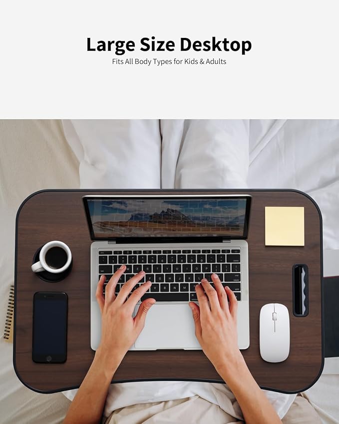 Foldable Lap Desk, Laptop Bed Desk, Portable Lap Table, Laptop Bed Table with Cup Holder & Tablet Slot & Lifting Handle for Working Writing Drawing & Eating - Walnut Brown