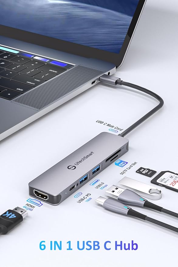 UtechSmart 6-in-1 USB-C Hub, 4K@60Hz HDMI Adapter for MacBook Pro/Air, Type-C Laptop Dongle (100W PD Port, SD/TF Card Reader, 2 USB 3.0 Ports)