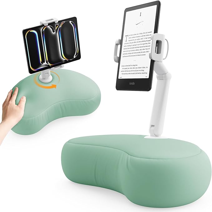 SAIJI Kindle Pillow Stand, iPad Stand Compatible with 4.7”-15.6” Kindle, Phone, iPad, 360° Adjustable Tablet Holder for Bed with Flexible Dual Axis Arm and Microbead Cushion (Cyan)