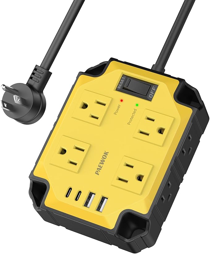 8-Outlets Heavy Duty Power Strip with 4 USB Ports(2 USB-C), Industrial Magnetic Surge Protector Power Strip 15 Amps/1200 Joules, 6.5 Ft Multi-Plug Electric Extension Cord for Workshop Garage (Yellow)