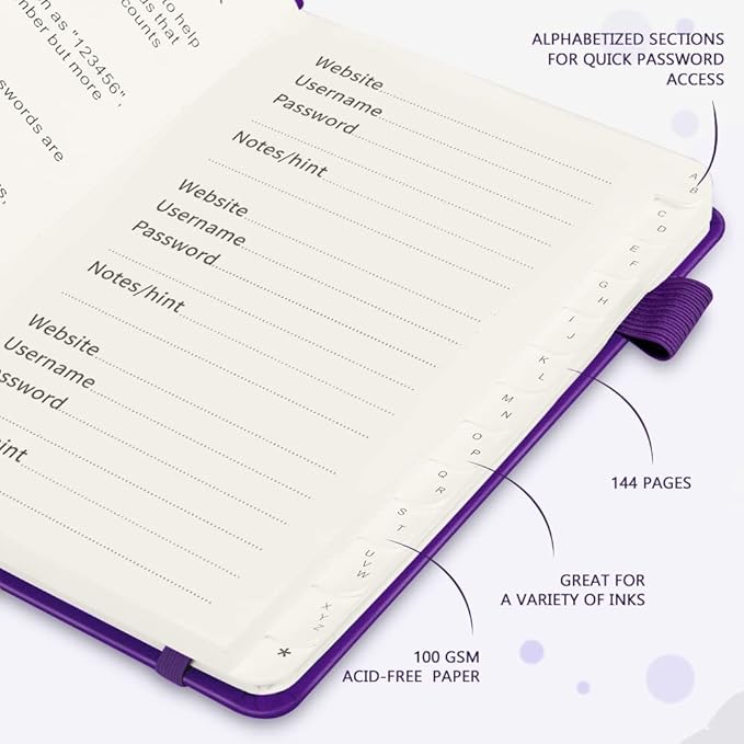 JUBTIC Password Book with Alphabetical Tabs, Small Size Internet Address & Password Keeper Logbook, Password Notebook Journal for Computer & Website Logins, Purple