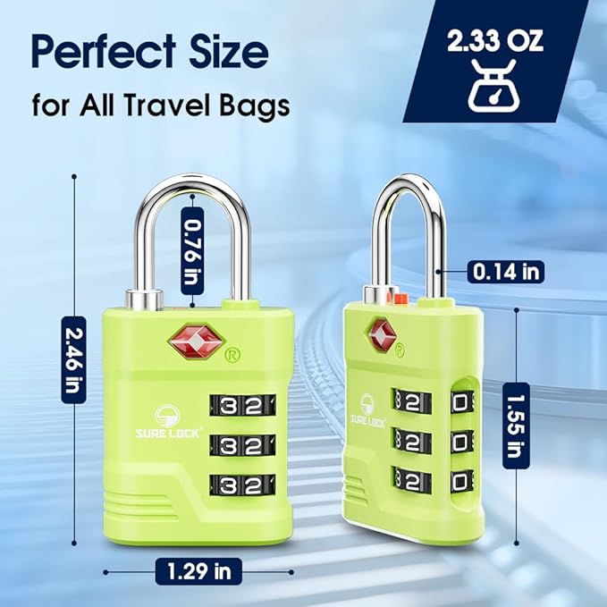 SURE LOCK TSA Locks for Luggage, TSA Approved Luggage Locks with Open Alert, 008 Key for High Security, Easy Read Dials, Zinc Alloy Body, Locker Lock for Suitcase, Gym, Travel. (Green 4 pk)