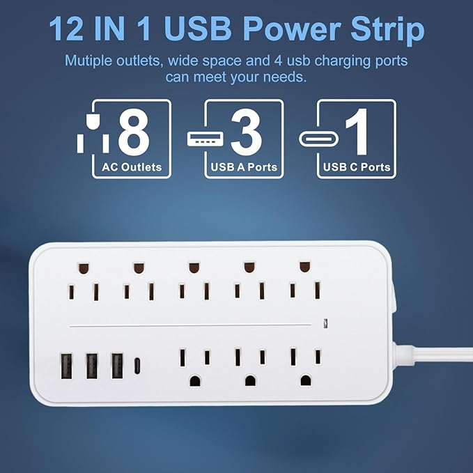 5FT Surge Protector Flat Extension Cord, ETL Listed Flat Plug Power Strip, 8 AC Outlets, 4 USB Charger(1 USB C Port),1700 Joules Protection, Office Supplies, Dorm Room Essentials White