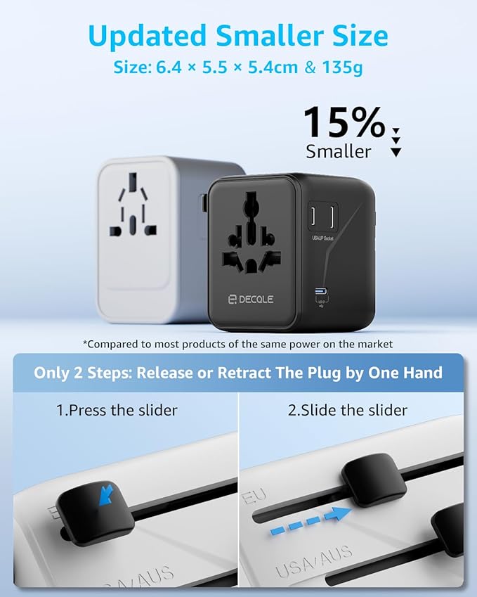 Universal Travel Adapter, International Travel Plug Adapter with 3 USB-C ＆ 2 USB-A Ports, with Extra 2 Prong AC Outlet All in One Portable Socket, for USA, UK, EU, AU ＆ 224+ Countries (Black)