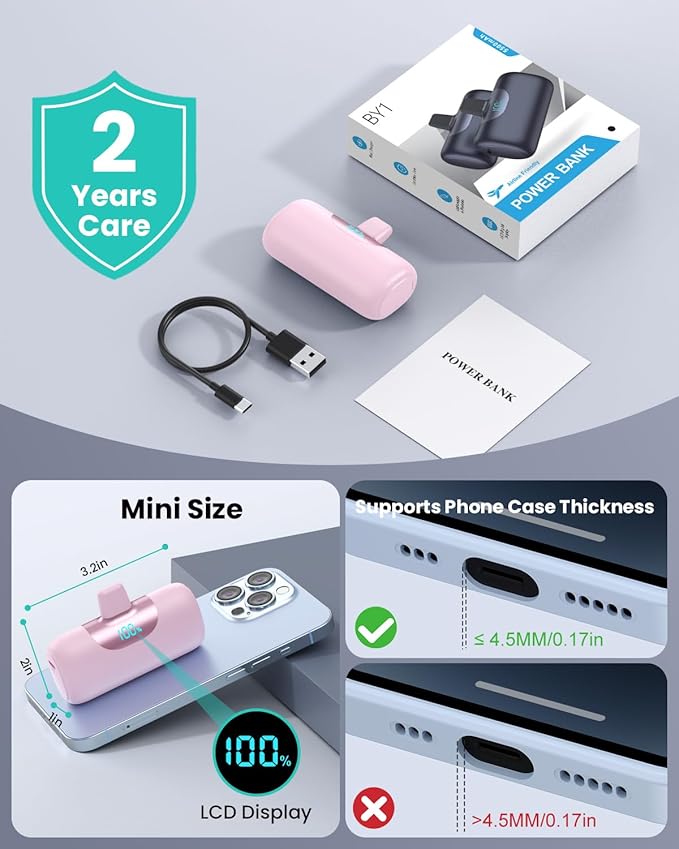 Mini Portable Charger for iPhone,Upgraded 22.5W PD Fast Charging 5500mAh Ultra-Compact Power Bank,LCD Display Plug-in Cute Battery Pack Travel Essentials for iPhone 14/14Pro/13/12/11/X/8/7/6 (Pink)