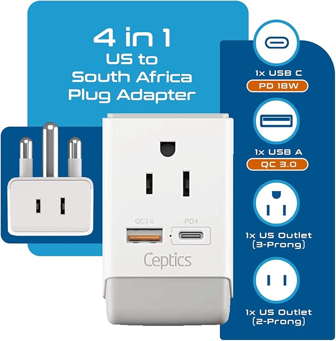 Ceptics South Africa Travel 2 Pack Plug Adapter QC 3.0 & PD, Safe Dual USB & USB-C - 2 USA Socket Compact & Powerful - Use in S. Africa Botswana - Type M AP-10L - Fast Charging