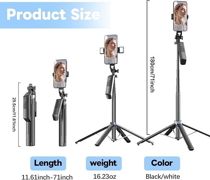 71" Selfie Stick Phone Tripod with Wireless Remote & 2 Fill Lights, Extendable Aluminum Phone Stand for iPhone/Android/Camera, Portable Travel Tripod for Vlogging, Live Streaming, Video Recording