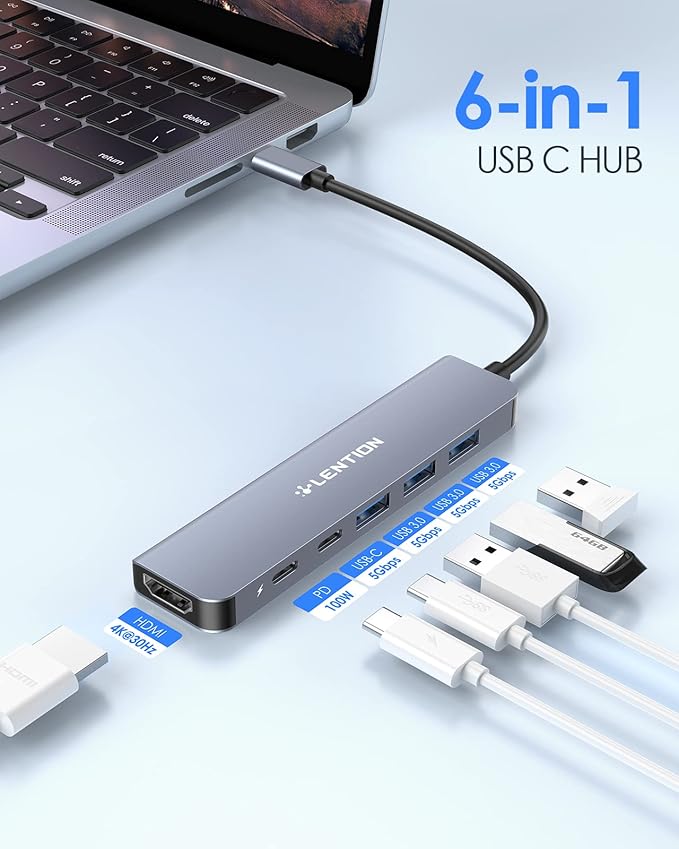 LENTION USB C Hub, Multiport with 4K HDMI Port, 3xUSB-A Ports, USB-C Data Port, 100W PD Port, Compatible New MacBook Pro/Air, iPhone 15 Pro/Pro Max, Surface, Chromebook, More(CE35s, Gray)
