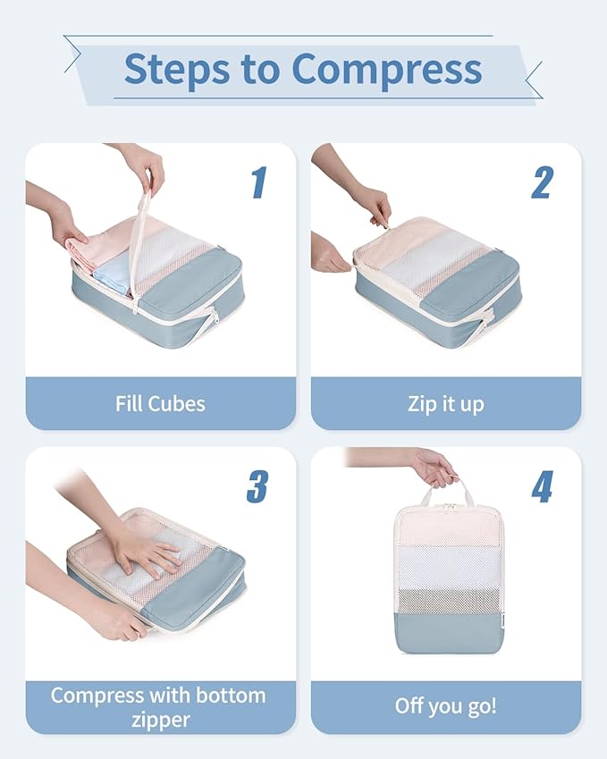 Narwey 6 Set Compression Packing Cubes for Travel Kids Women Carry on, Packing Organizers Bag for Backpack Luggage Suitcase Duffle Bags