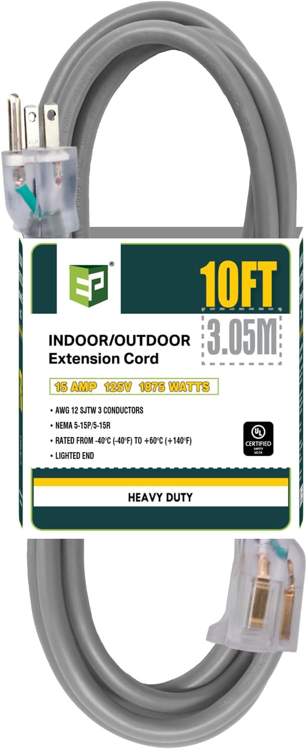 EP 10 Ft Lighted Outdoor Extension Cord - 12/3 SJTW Heavy Duty Grey Extension Cable with 3 Prong Grounded Plug - Power Cord for Lawn, Garden, Appliances