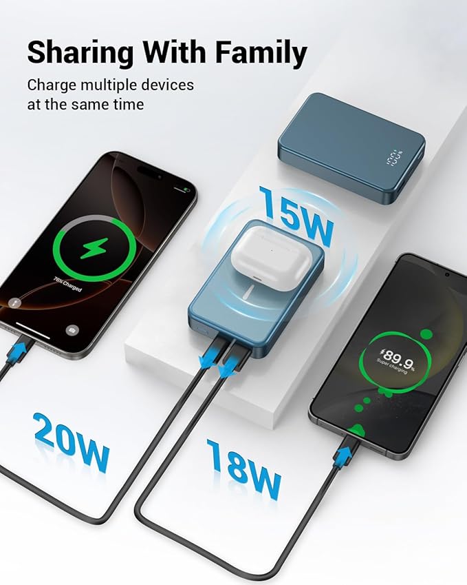 Magnetic Power Bank 26800mAh for Magsafe Portable Charger, Aluminum Alloy Large Capacity 20W USB-C in&Out Wireless Fast Charging for iPhone16 Plus Pro Max/15/14/13/12 Series, Blue