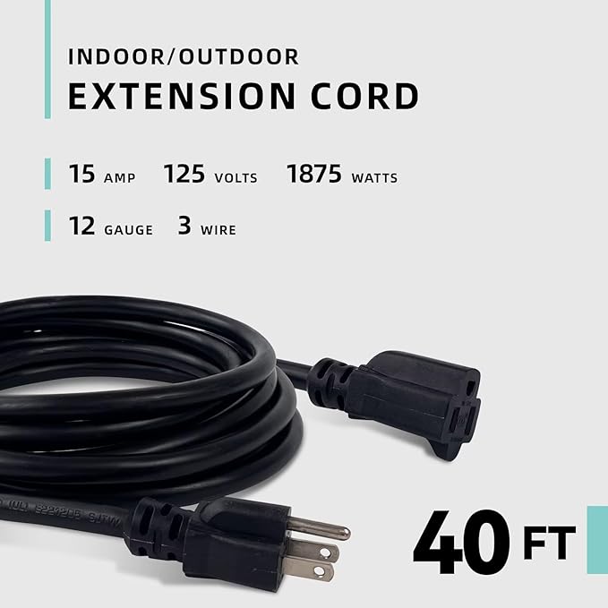 40ft Indoor Outdoor Extension Cord - 12/3 SJTW Heavy Duty Extension Cable with 3 Prong Grounded Plug for Safety -15Amp 1875W Black Electric Cord Great for Garden, Appliances