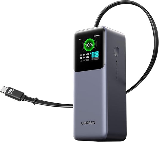 UGREEN Nexode Power Bank 20000mAh 165W with Built-in USB C Cable Laptop Travel Portable Charger, 100W Input, Fast Charging for MacBook Pro/Air/iPhone 17/16/iPad Pro/Galaxy S25 Ultra/Dell/HP and More