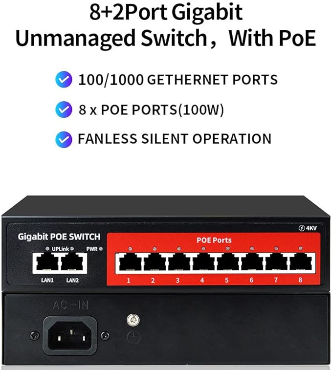 8 Port Gigabit PoE Switch with 2 Gigabit Uplink,802.3af/at Compliant,120W Built-in Power,Unmanaged Metal Plug and Play
