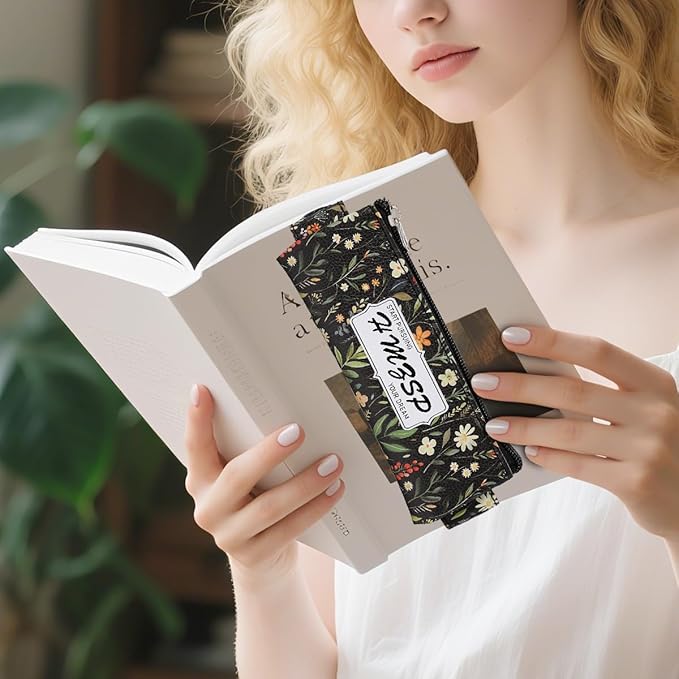 Adjustable Elastic PU Pen Holder for Notebook, Stationery School Supplies Zipper Bag for Journals, Book,Planners,Black Flower,2 PCS