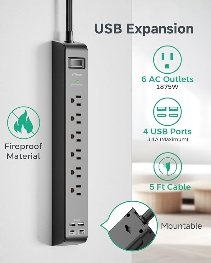 2 Pack Surge Protector Power Strip with 6 Outlets 4 USB Ports (2 USB C) 5-Foot Extension Cord Flat Plug 900 Joules 15A Circuit Breaker Wall Mount Desk USB Charging Station for Home Office