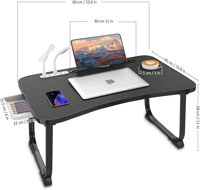 Fayquaze Laptop Bed Desk, Portable Foldable Laptop Bed Table with USB Charge Port Storage Drawer and Cup Holder, Lap Desk Notebook Stand Tray Table Serving Tray for Eating, Reading and Working