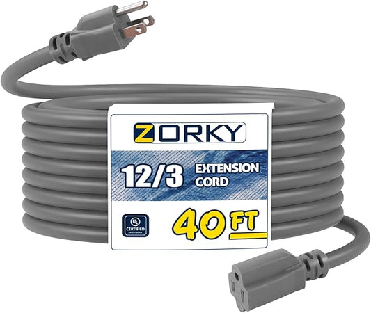 40ft Indoor Outdoor Extension Cord - 12/3 SJTW Heavy Duty Extension Cable with 3 Prong Grounded Plug for Safety -15Amp 1875W Gray Electric Cord Great for Garden, Appliances