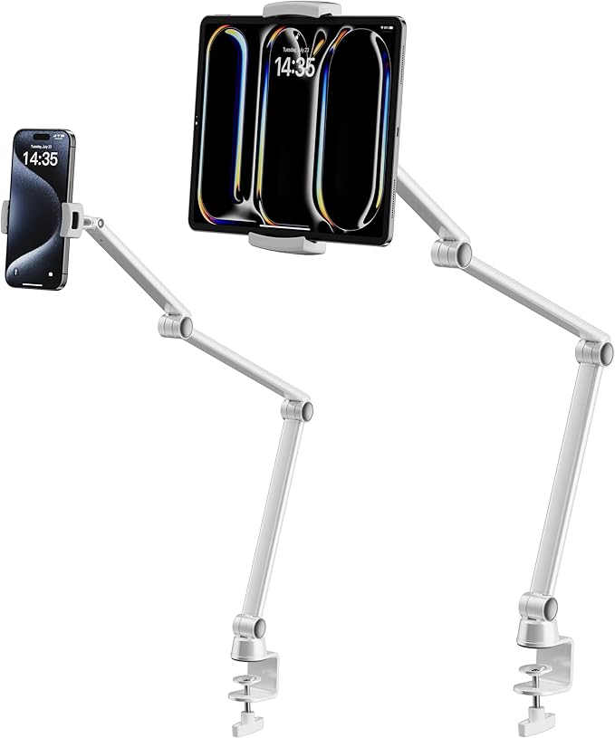 LULULOOK iPad Stand, Aluminum Alloy Mount - Adjustable for Desk, Compatible with iPad Pro 12.9, Mini, Galaxy Tabs, iPhone 16 Pro Max, Kindle, Tablet 4.7"-13" (2 Clips)