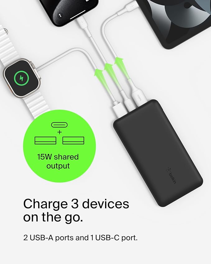 Belkin Portable Charger, USB C Power Bank 10000 mAh w/ 2xUSB-A Ports, 15W w/ Type-C to Type-A Cable for iPhone 17, Air, Pro, Samsung Galaxy S25, Nintendo Switch 2, Google Pixel 10, etc. - Black