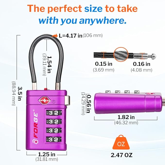 Forge TSA Approved Luggage Locks 4 Digit Combination TSA Travel Locks with TSA008, Open Alert Indicator, Zinc Alloy Body for Luggage, Suitcase, Backpack, and More. Purple 2 Locks.