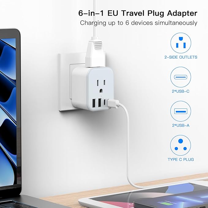 US to India Travel Plug Adapter, Foldable India Power Adapter with 4 USB(2 USB C Port) and 2 AC Outlets Charger, Type D Adaptor for US to India Bangladesh Maldives Pakistan Sri Lanka(1 Pack)