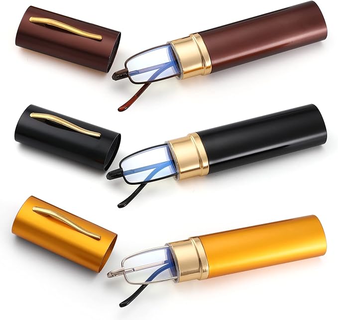 3 Pack Slim Pocket Reading Glasses for Men Women Blue Light Blocking Compact Readers Spring Hinge Metal Frame