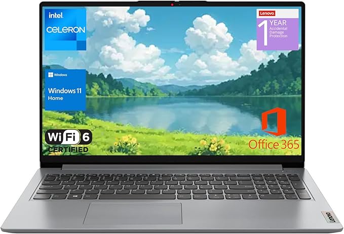 Lenovo IdeaPad 1 Home Laptop, 15.6" FHD Display, Intel Celeron Dual Core Processor, 12GB RAM, 384GB Storage(128GB eMMC + 256GB PCIe), 1 Yr Office 365, Wi-Fi 6, W11H, Additional 1 Yr ADP