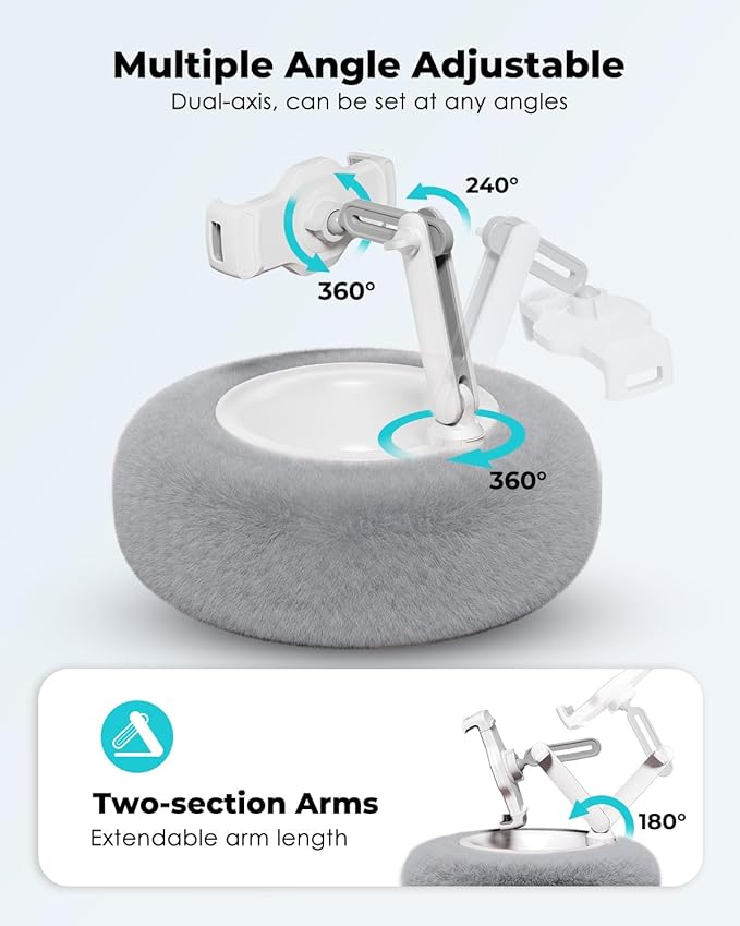 Viozon Tablet Stand Pillow, Compatible with 4.7"-13" Phone/Tablet, iPad, iPhone, Samsung, Google, Kindle, 360°Adjustable Phone Holder for Bed with Soft Plush Fabric, and Detachable Bowl, Grey