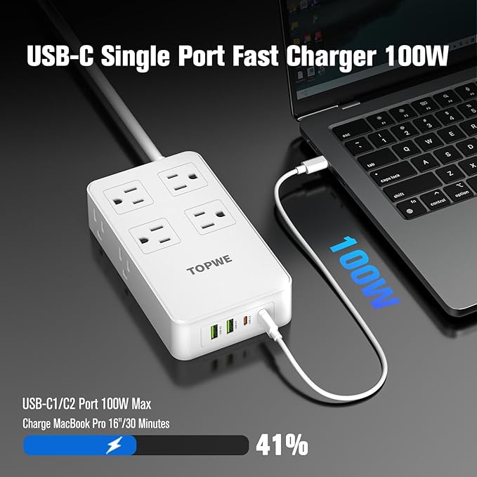 Power Strip Surge Protector with Multiple Outlets, Charging Station(100W Max), Flat Plug Extension Cord 10 Ft Long Cord, 8 Outlets & 4 USB Ports (2 USB C), Desk Charging Station for Home Office