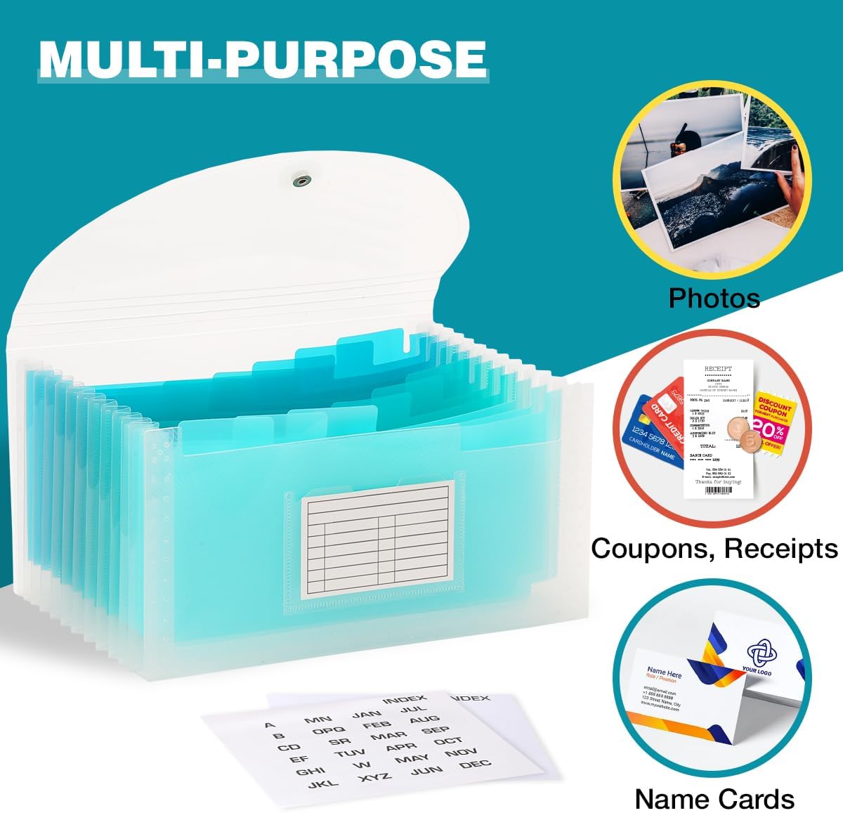 H4D Check Size 13 Pocket Expanding File Folder, Accordion File Organizer Wallet Case for Coupon Receipt Storage, 10 x 5.5 inches, Teal