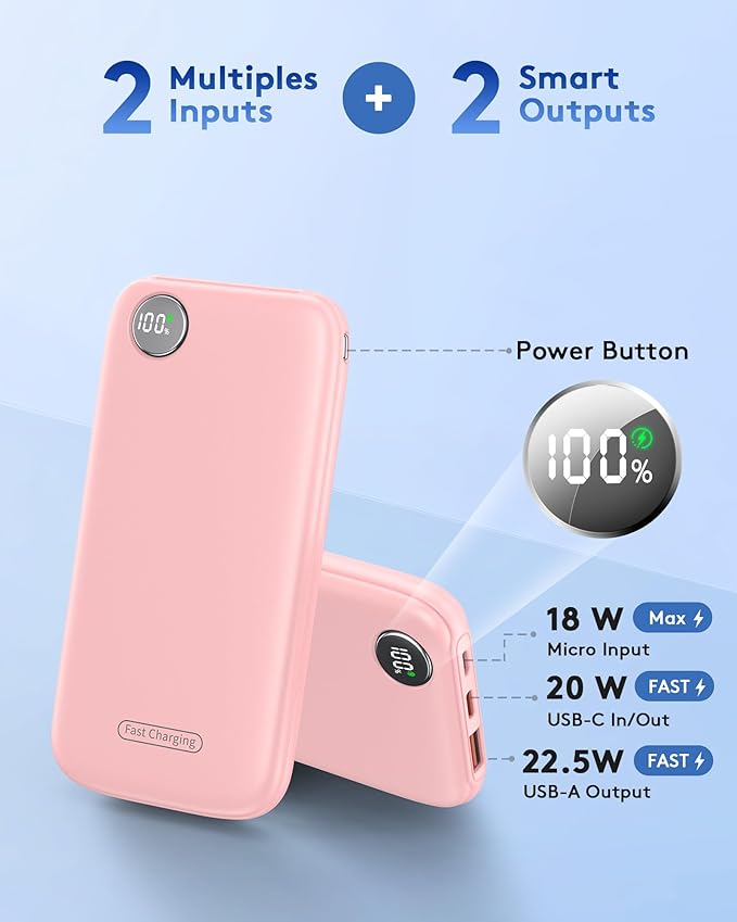 Powerbank Fast Charging Max 12V/4.5A, Ultra Slim Portable Charger USB C 10000mah, Travel Power Bank for iPhone 11 12 13 14 15 16 Samsung Android, DC Lightweight Battery Pack Phone Charger, Pink