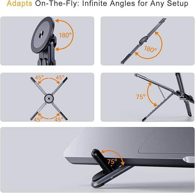 Portable Magnetic Phone Holder Laptop Stand for Desk, Aluminum Adjustable Phone Tripod Stand for iPhone 17 Air Pro Max, Laptop Riser Tablet Mount, Mini Airplane Travels Essentials