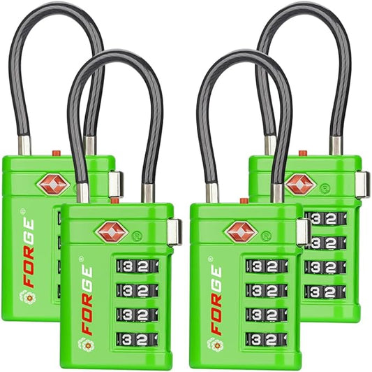 Forge TSA Approved Luggage Locks 4 Digit Combination TSA Travel Locks with TSA008, Open Alert Indicator, Zinc Alloy Body for Luggage, Suitcase, Backpack, and More. Green 4 Locks.