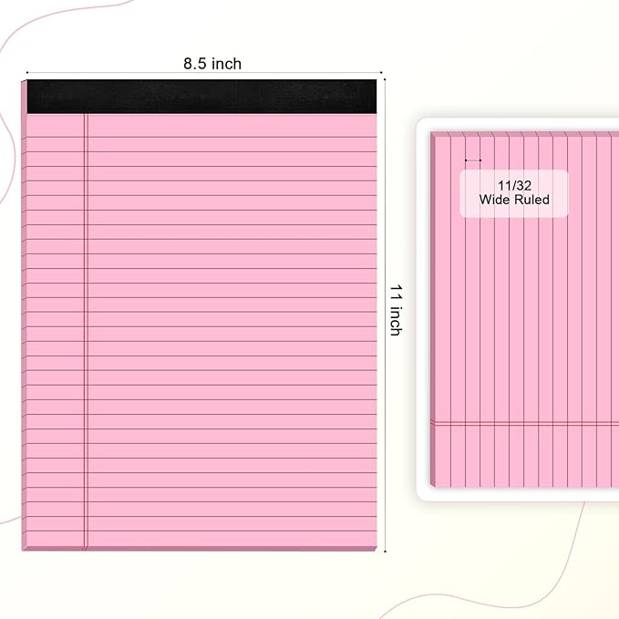 Colored Legal Pads 8.5 x 11 Note Pads, Wide Ruled Sturdy Back Writing Pads 30 Sheets/Pad, 20lb Colored Paper, Perforated Notepad with Sturdy Back (4 Pads)