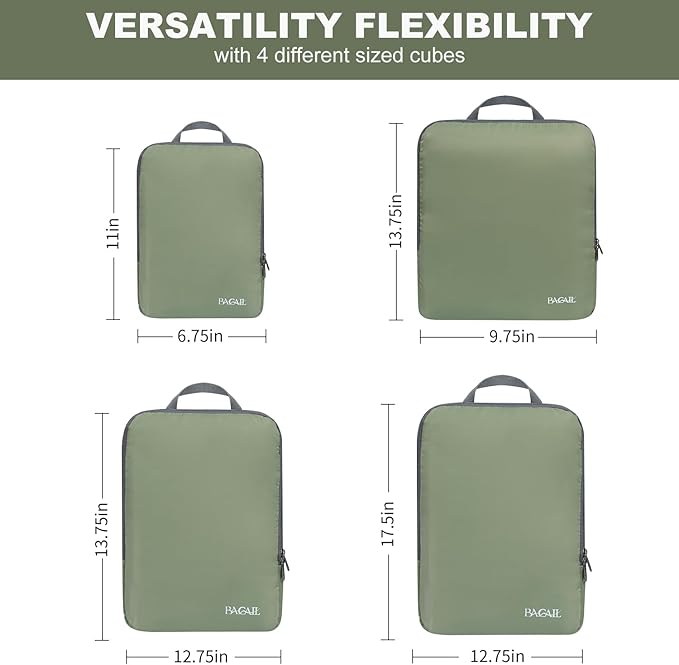BAGAIL 4 Set/6 Set/8 Set Compression Packing Cubes Travel Accessories Expandable Packing Organizers (Cloth Pattern, 4-Matcha Green)