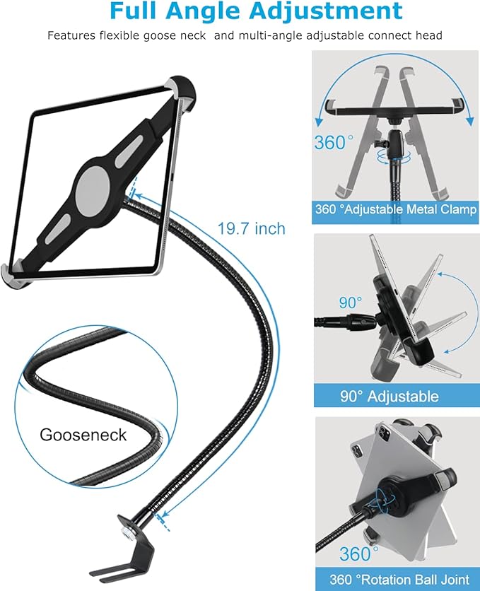 Car Seat Rail Tablet Mount for Truck, Aluminum Gooseneck Car Floor Bolt Tablet Holder Camera Clamp with 1/4'' Screw Adapter for Taxi, Van, Vehicle, Semi, SUV for iPad Pro/Air, Tabs, Gopro (9.5-14.5”)