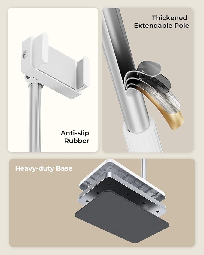 Extended Tablet Floor Stand, 360 Rotating Adjustable iPad Floor Holder with Long Flexible Arm, Compatible with 4-13" Devices, Stand for Bedside, Sofaside, Table, Desk (White)