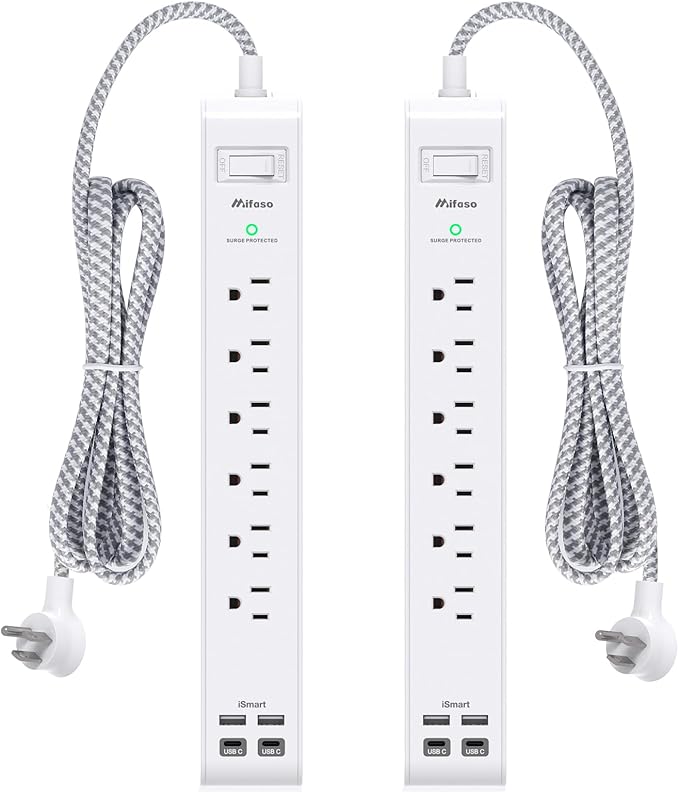 2 Pack Power Strip, 12FT Long Extension Cord, Surge Protector with 6 Outlets and 4 USB Ports (2 USB C), Flat Plug Overload Protection, Extension Cord 10+ ft, Wall Mount for Home Office Dorm College