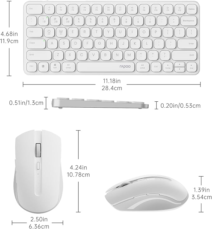 Rapoo 9050S Multi-Device Keyboard and Mouse Combo, 2.4GHz/Bluetooth 5.0/4.0 Wireless Keyboard & Mouse Set for Windows/Mac/Linux/Chrome, Support 4 Devices, Rechargeable, Silent Click, White