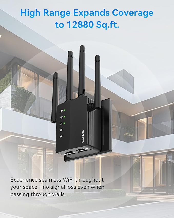 WiFi Extender Signal Booster, 1200Mbps WiFi Booster, Long Range up to 12880 Sq Ft, 105 Devices, 2.4/5GHz Internet Extender WiFi Booster with Ethernet Port(Black)