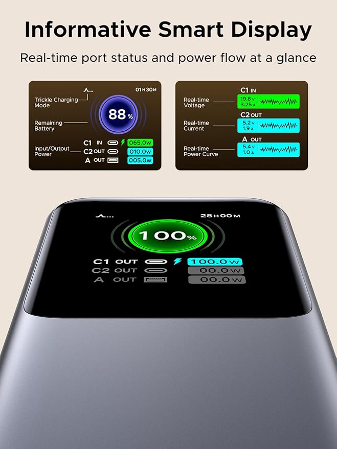 UGREEN Nexode Power Bank 20000mAh 165W with Built-in USB C Cable Laptop Travel Portable Charger, 100W Input, Fast Charging for MacBook Pro/Air/iPhone 17/16/iPad Pro/Galaxy S25 Ultra/Dell/HP and More