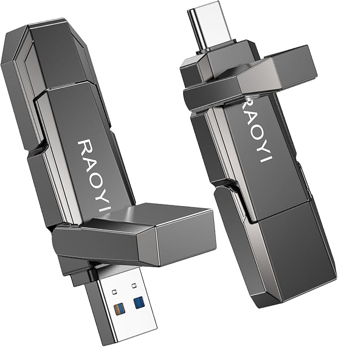 RAOYI 256GB USB C External SSD, 2-in-1 Solid State Drive Up to 450MB/s Dual USB 3.2 + Type-C Thumb Drive Portable SSD Drive for iPhone 15/16, Android, Tablet, PC and PS4