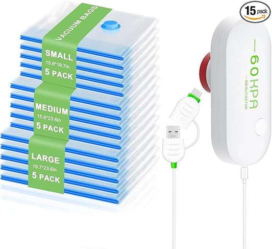 Mapambo 15 Pack Travel Vacuum Bags with USB Pump, Vacuum Packing Bags for Travel and Luggage, Space Saver Vacuum Seal Bags for Clothing, Cruise Essentials, Carry-on Compression Bags for Clothes