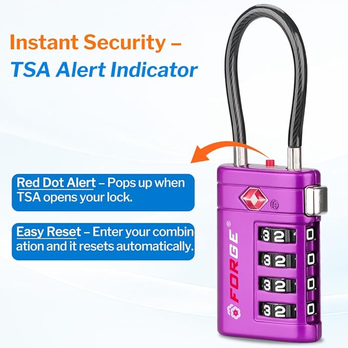 Forge TSA Approved Luggage Locks 4 Digit Combination TSA Travel Locks with TSA008, Open Alert Indicator, Zinc Alloy Body for Luggage, Suitcase, Backpack, and More. Purple 2 Locks.