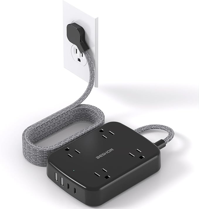 Extension Cord 15 ft, BESHON Long Power Strip with 2 USB C, Flat Plug Power Strip, 4 Outlets and 4 USB Charging Ports, Outlet Extender, 900 Joules, for Home Office Dorm Room Essentials, Black