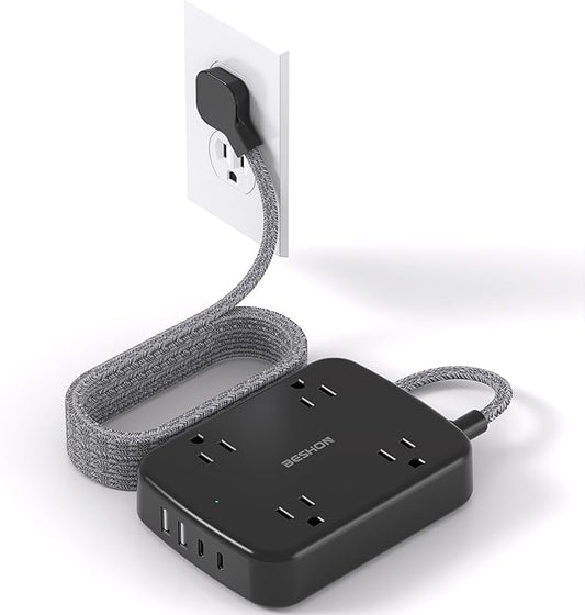 Extension Cord 15 ft, BESHON Long Power Strip with 2 USB C, Flat Plug Power Strip, 4 Outlets and 4 USB Charging Ports, Outlet Extender, 900 Joules, for Home Office Dorm Room Essentials, Black