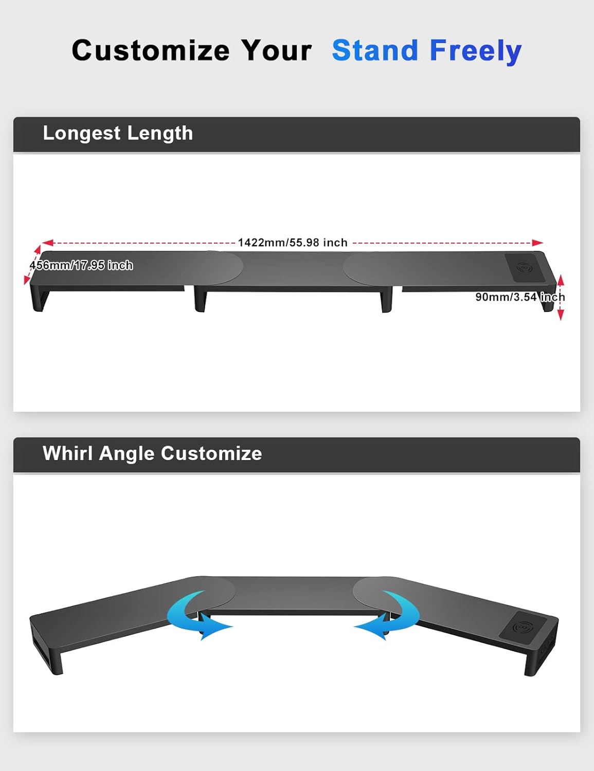 Monitor Stand with Wireless Charging and 4 USB Ports, Steel Monitor Stands for 3 Monitors, Metal Computer Stand Riser for Desk, Office, Laptop, PC up to 32 Inches (Black)