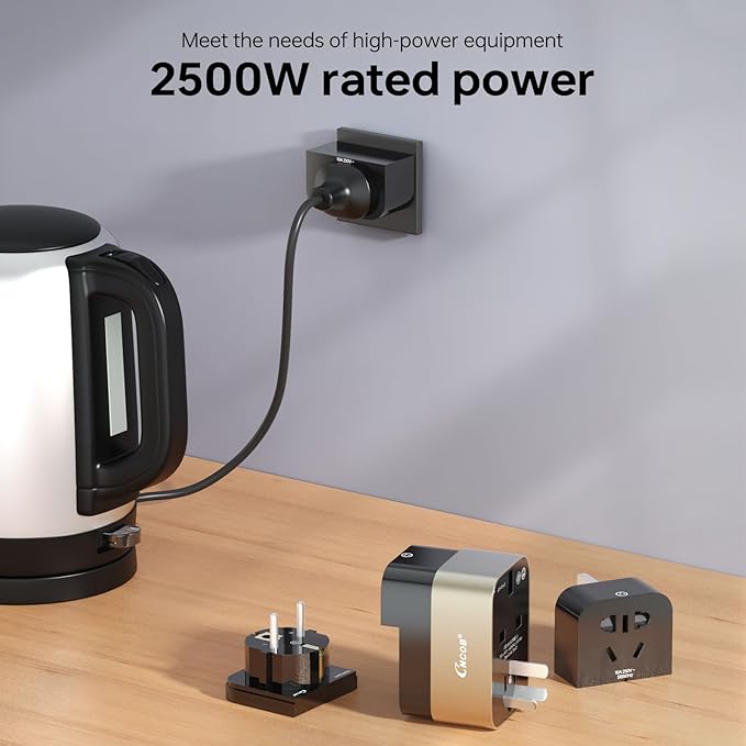 Universal Travel Adapter, 2500W Power Rating, International Plug Set, Dual Type-C Fast Charging Ports