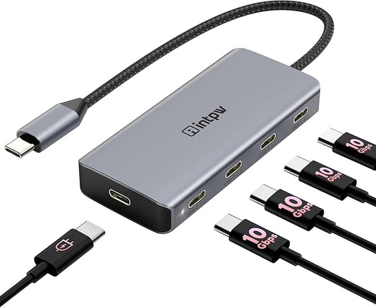 Powered USB Hub 10Gbps, intpw 9-Port USB 3.2 Hub, USB C Hub with USB A/USB C 3.2, 4 USB 3.0, 2 PD 45W Charging Ports, 65W Power Adapter and 3.3FT Cable, Aluminum USB Hub for Laptop, iPhone 16/15, PC